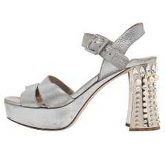 Miu Miu Silver Leather Crystal Embellished Block Heel Sandals Size 37.5