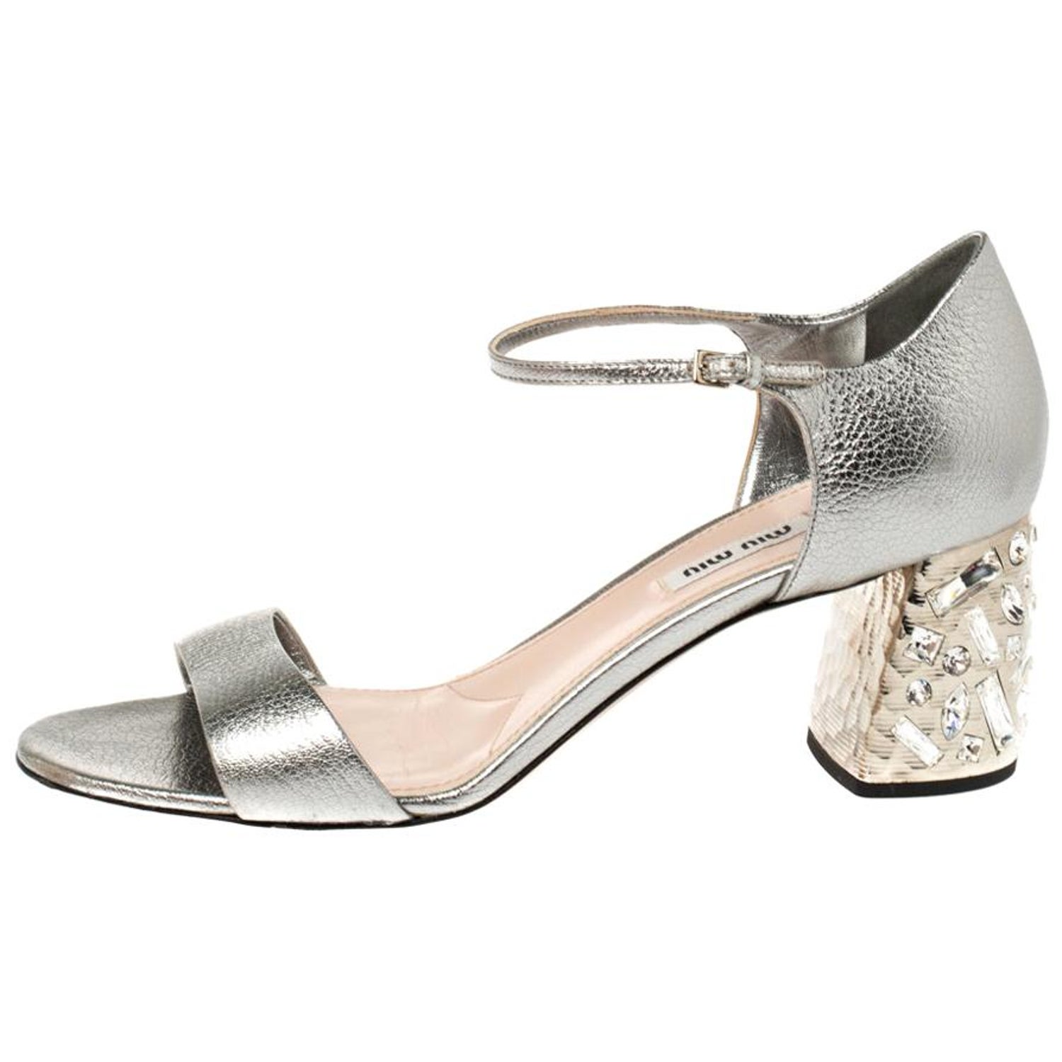 Miu Miu Silver Leather Crystal Embellished Block Heel Sandals Size 41 at  1stDibs