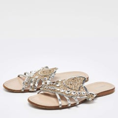 Miu Miu Silver Leather Crystal Embellished Flat Slides Size 37.5