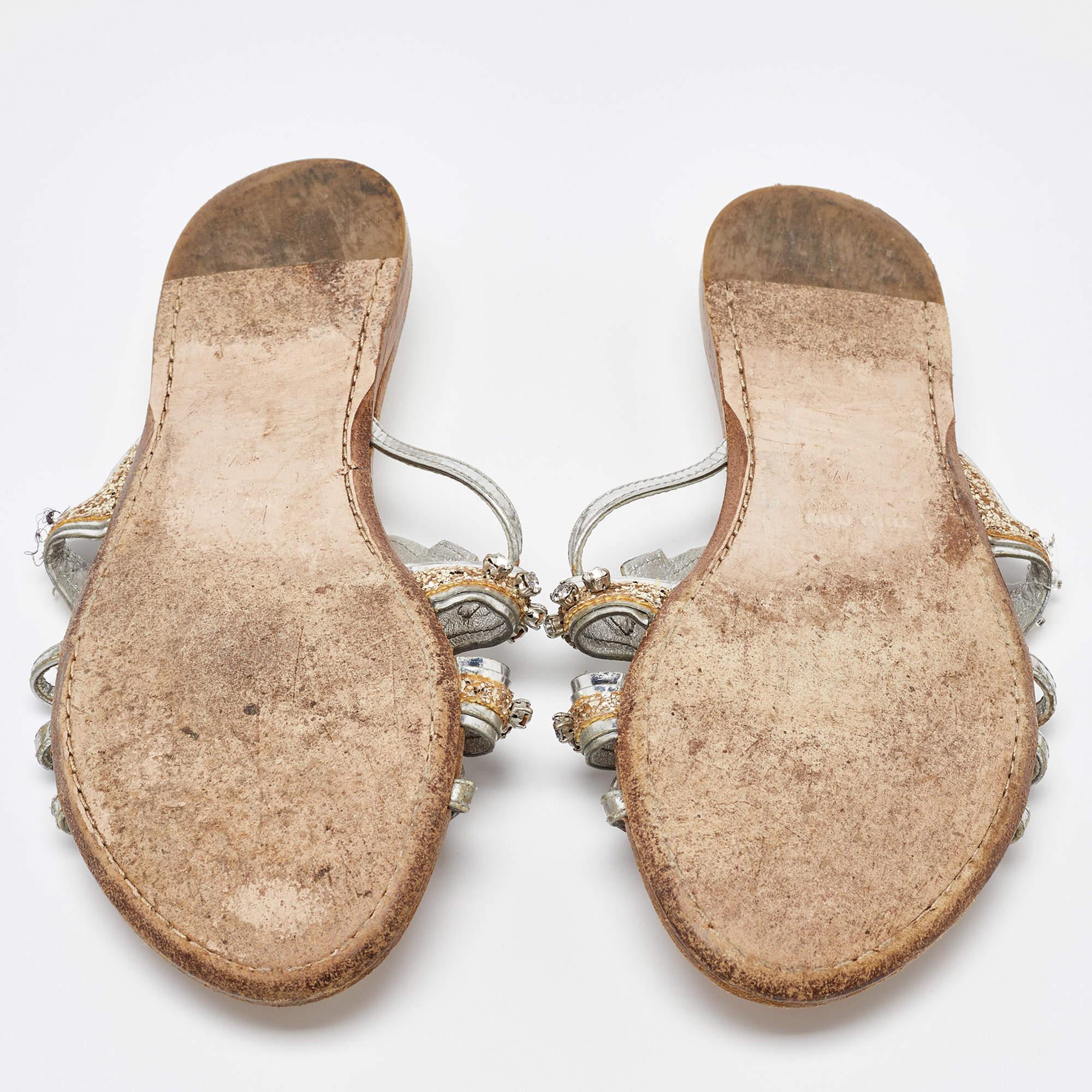 Miu Miu Silver Leather Crystal Embellished Flat Slides Size 37.5 For Sale 1