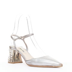 MIU MIU silver leather jewel embellished block heel pump EU35.5