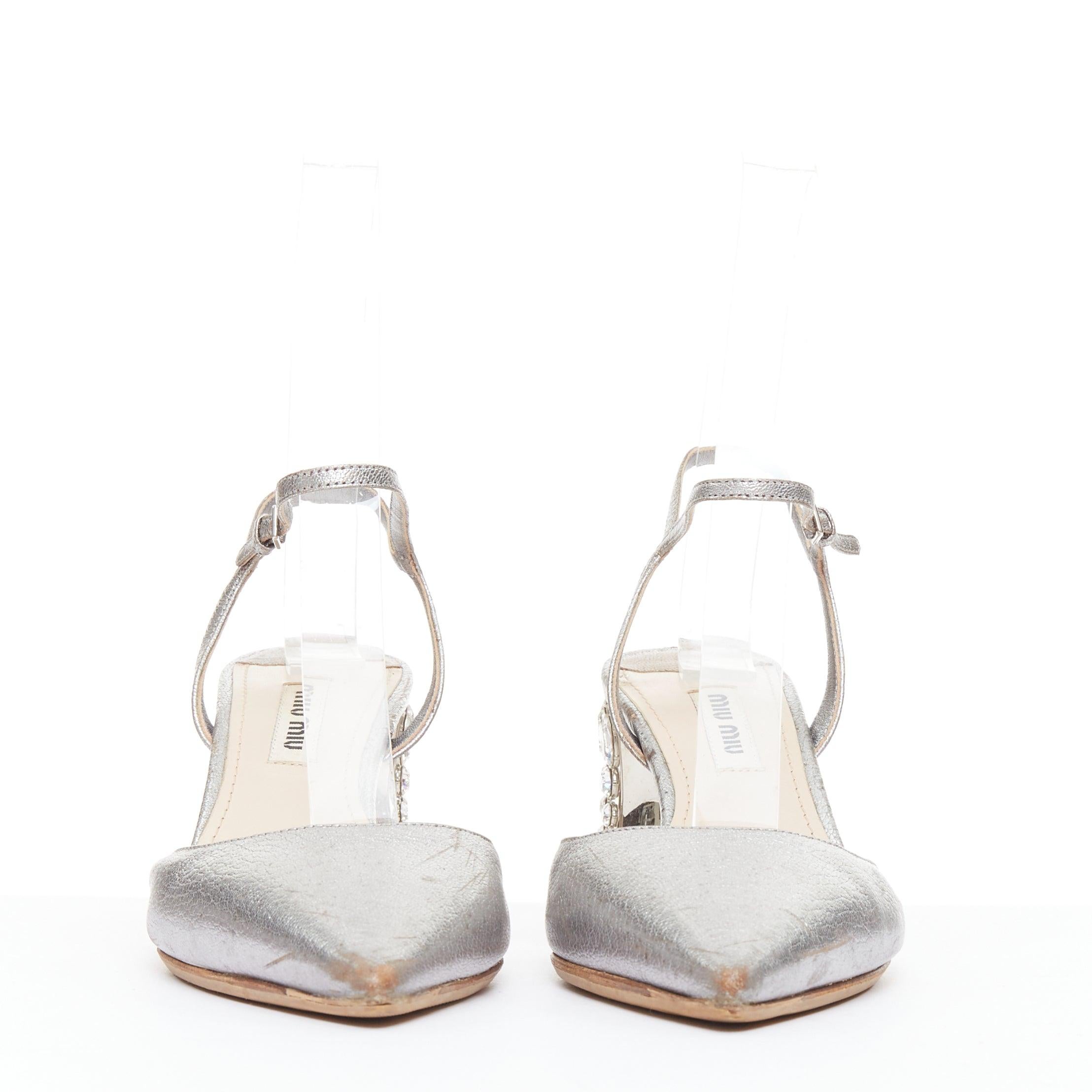 Silver MIU MIU silver leather jewel embellished block heel pump EU35.5