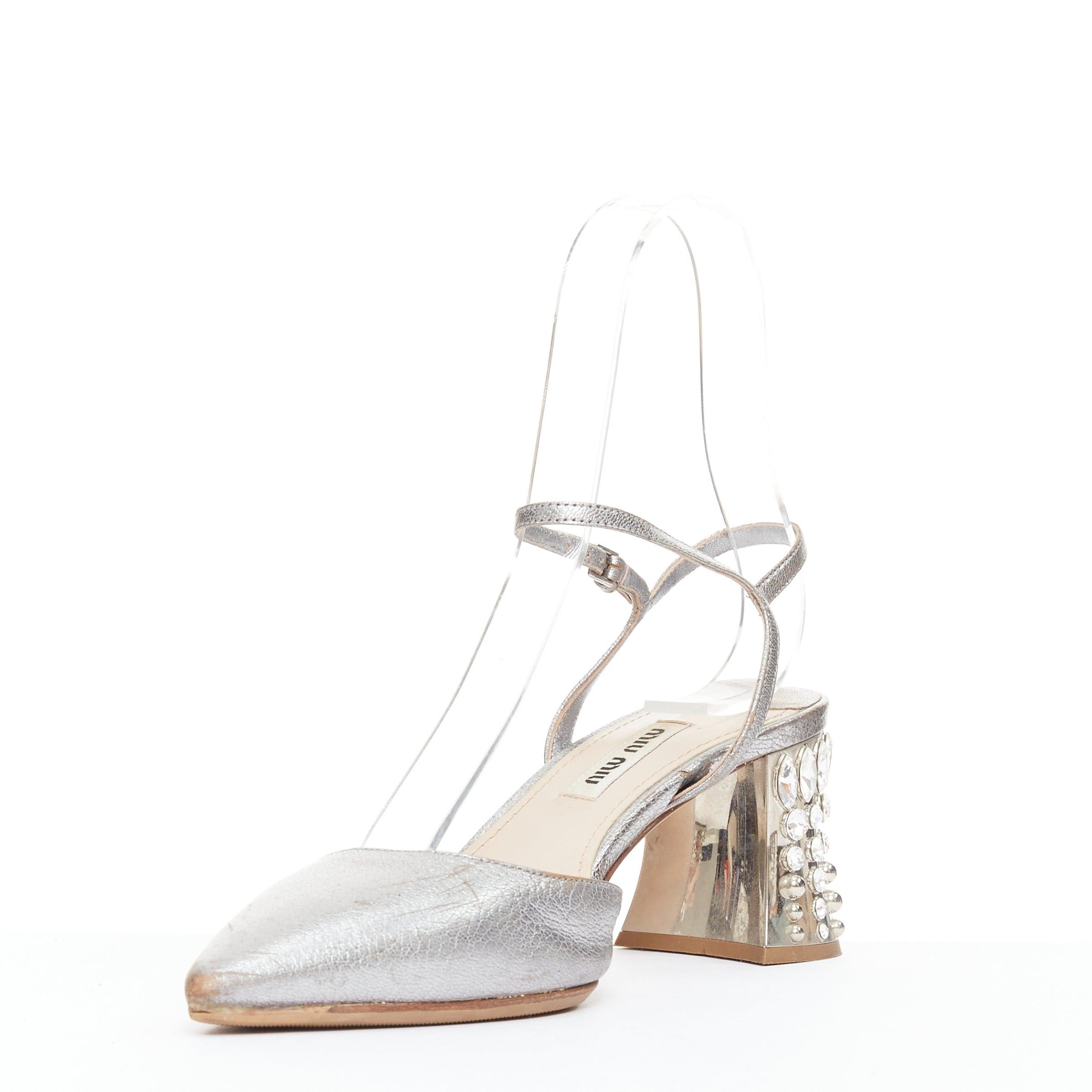 MIU MIU silver leather jewel embellished block heel pump EU35.5 In Fair Condition In Hong Kong, NT