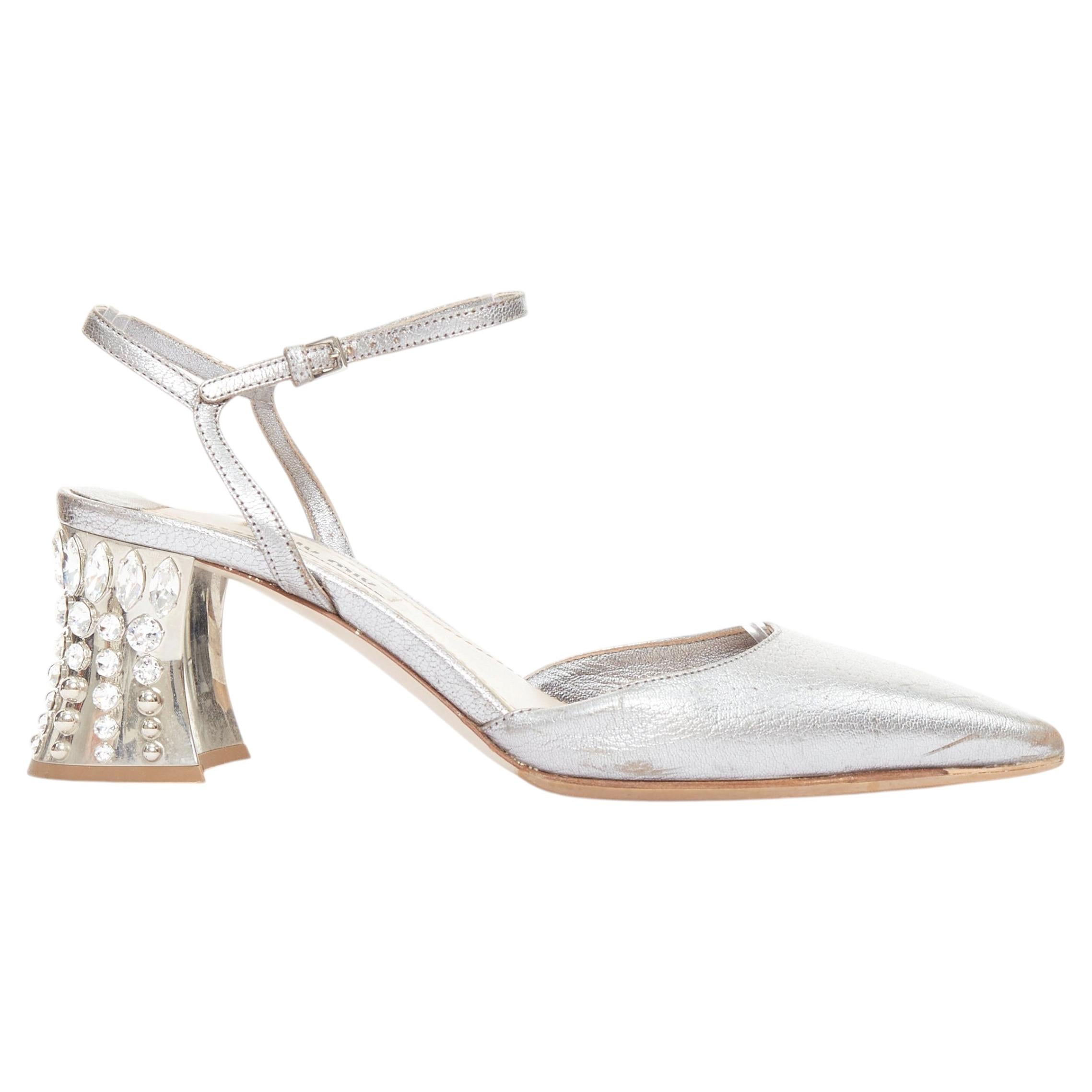 MIU MIU escarpin à talon bloc en cuir argenté orné de bijoux EU35.5