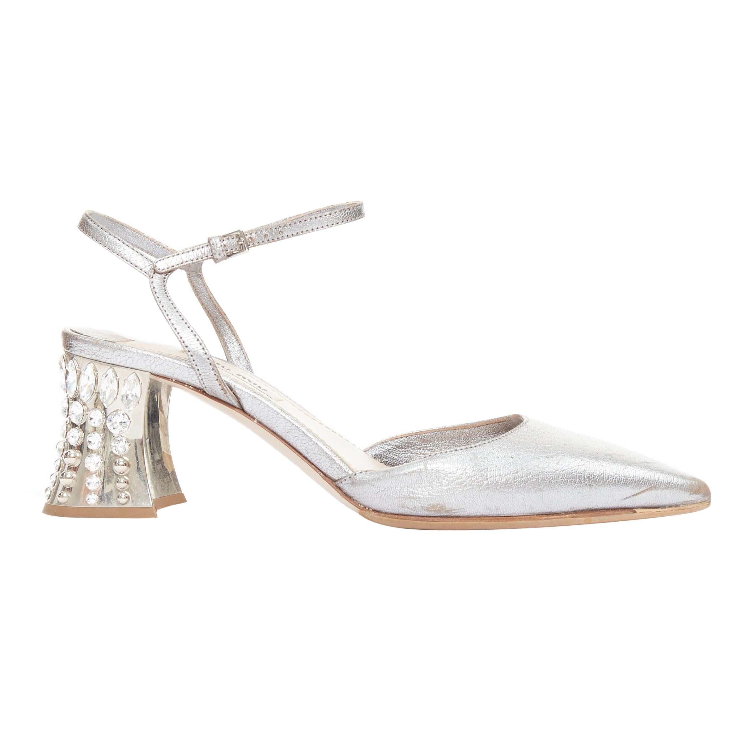 MIU MIU silver leather jewel embellished block heel pump EU35.5