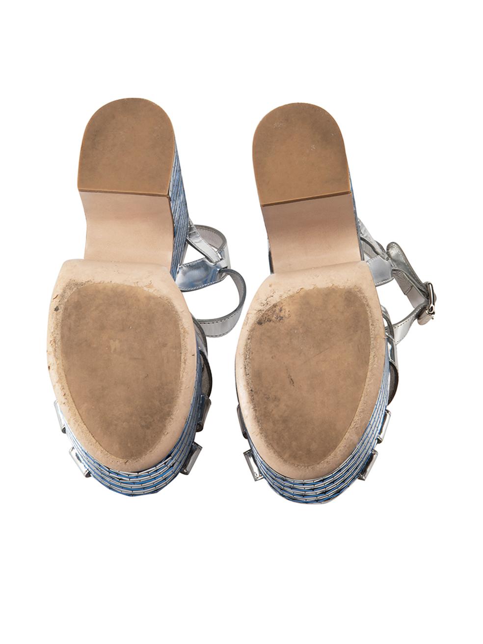 Women's Miu Miu Silver Leather Mirror Platform Sandals Size IT 40