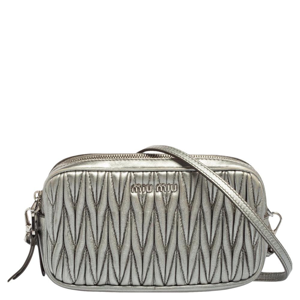 Miu Miu Silver Matelassé Leather Double Zip Crossbody Bag 5