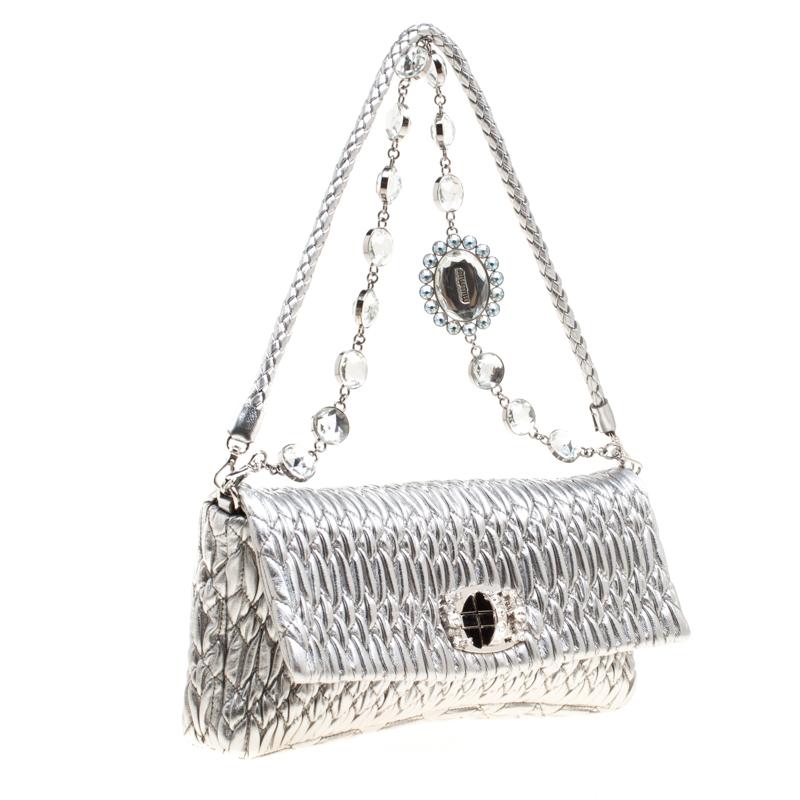 Miu Miu Silver Matelassé Leather Shoulder Bag 4