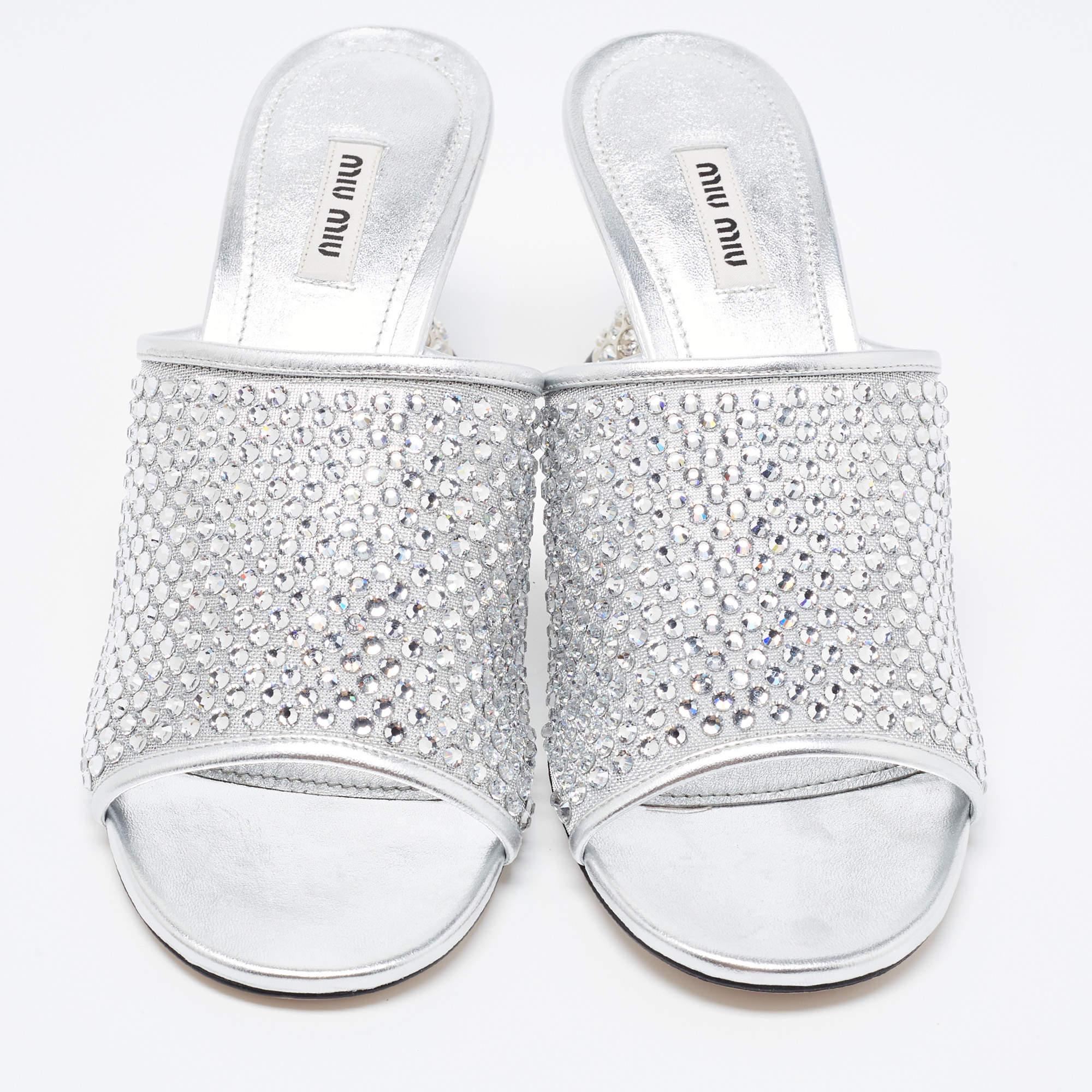 Women's Miu Miu Silver Mesh and Leather Rhinestone Embellished Slide Sandals