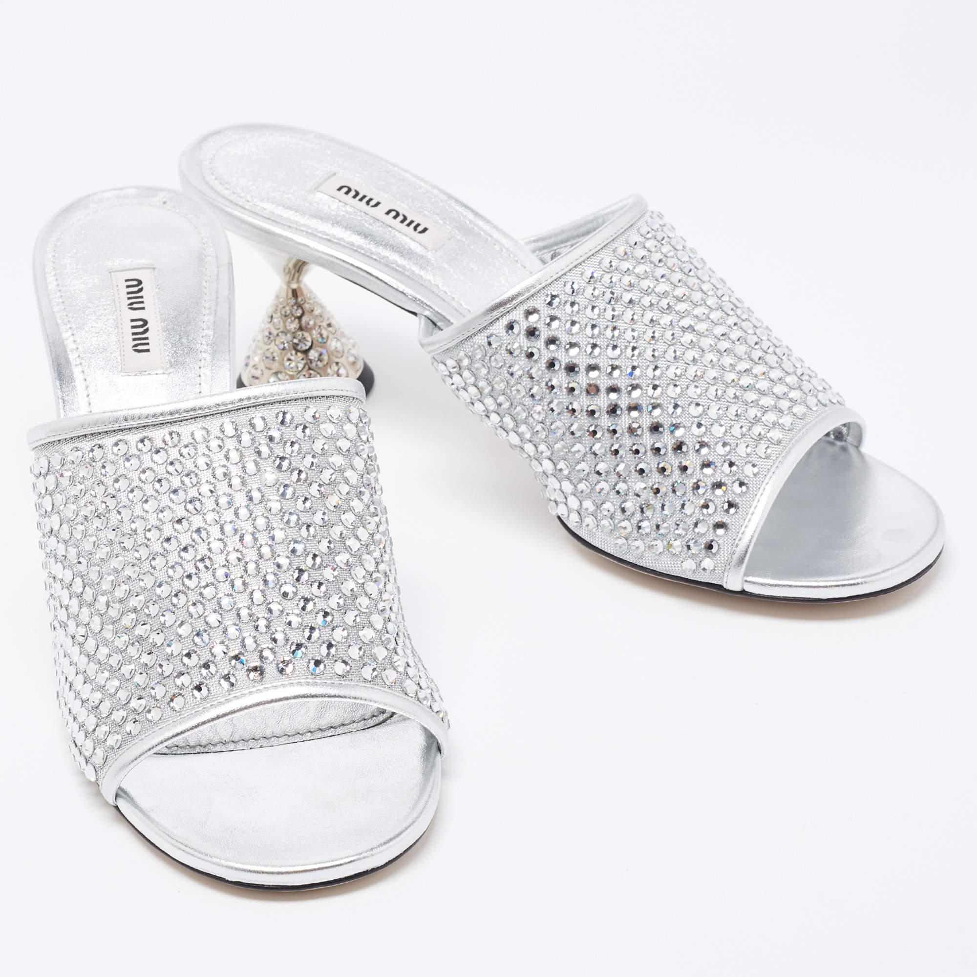 Miu Miu Silver Mesh and Leather Rhinestone Embellished Slide Sandals 1