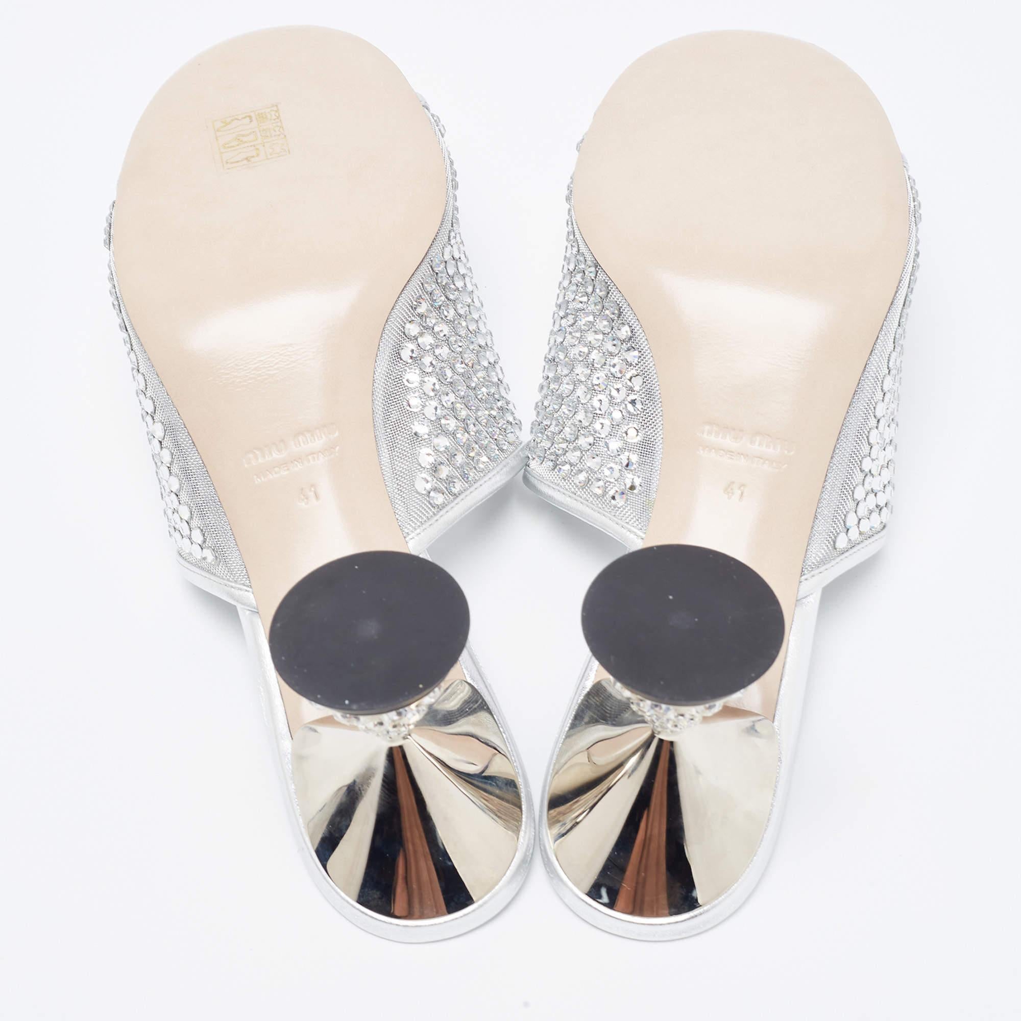 Miu Miu Silver Mesh and Leather Rhinestone Embellished Slide Sandals 3