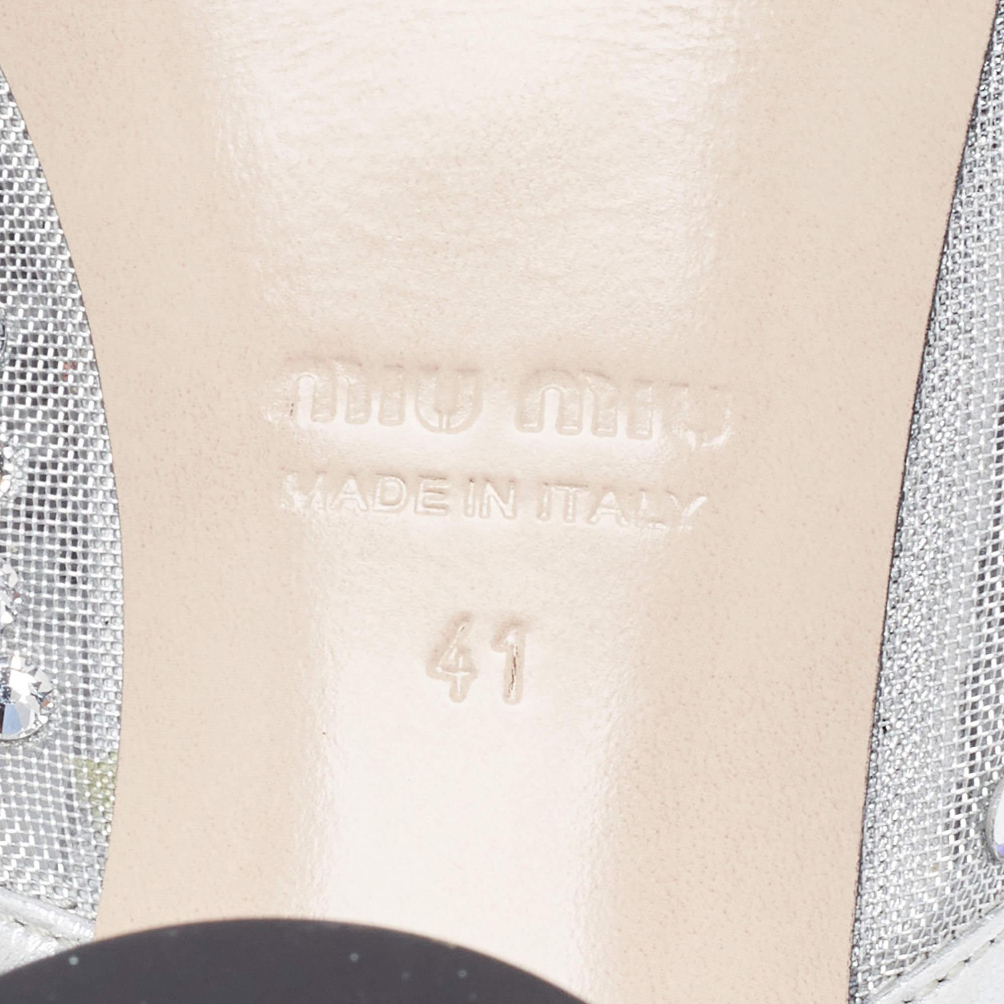 Miu Miu Silver Mesh and Leather Rhinestone Embellished Slide Sandals 4