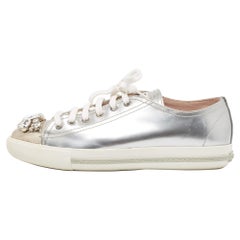 Miu Miu Silver Patent Leather Crystal Cap-Toe Low-Top Sneakers Size 39