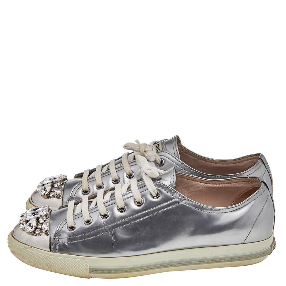Women's Miu Miu Silver Patent Leather Crystal Embellished Low Top Sneakers Size 40