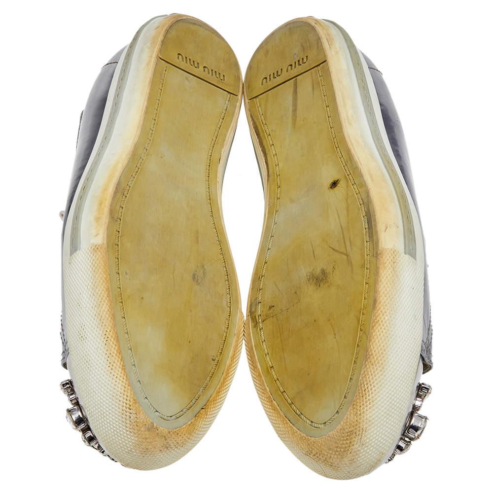 Miu Miu Silver Patent Leather Crystal Embellished Low Top Sneakers Size 40 2