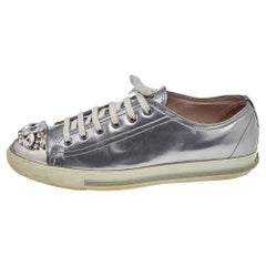 Miu Miu Silver Patent Leather Crystal Embellished Low Top Sneakers Size 40