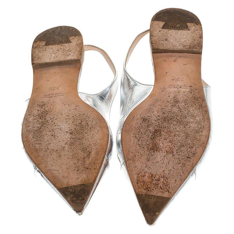 Women's Miu Miu Silver Patent Leather Pointed Toe Slingback Flat Slides Size 36.5