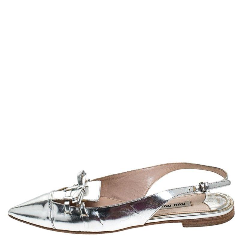 Miu Miu Silver Patent Leather Pointed Toe Slingback Flat Slides Size 36.5 1