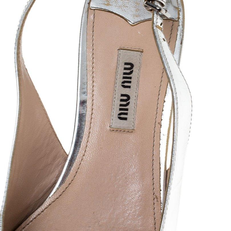 Miu Miu Silver Patent Leather Pointed Toe Slingback Flat Slides Size 36.5 3
