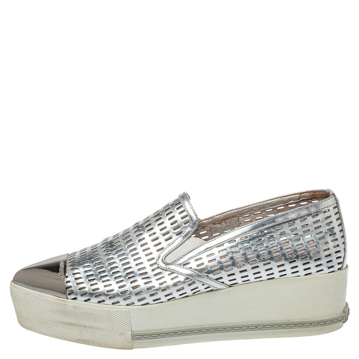 Miu Miu Silver Perforated Leather Metal Cap Toe Platform Sneakers Size 39.5  at 1stDibs