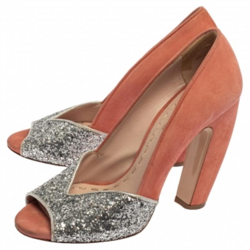 Miu Miu Silver/Pink Coarse Glitter and Suede Peep Toe Pumps Size 37 For Sale 1