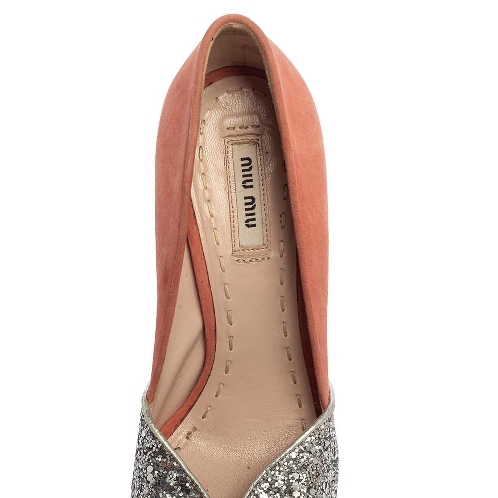 Miu Miu Silver/Pink Coarse Glitter and Suede Peep Toe Pumps Size 37 3