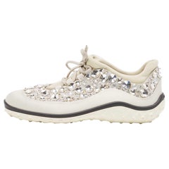 Miu Miu Silver Satin Astro Crystal Embellished Low Top Sneakers Size 39