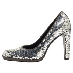 Miu Miu Silver Sequin Round Toe Pumps Size 37