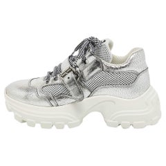 Miu Miu Silver Texture Leather Lace Up Sneakers Size 38