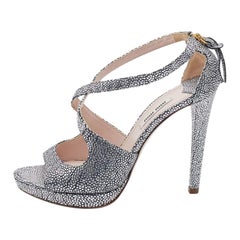 Miu Miu Silver Textured Leather Criss Cross Platform Sandals Size 37