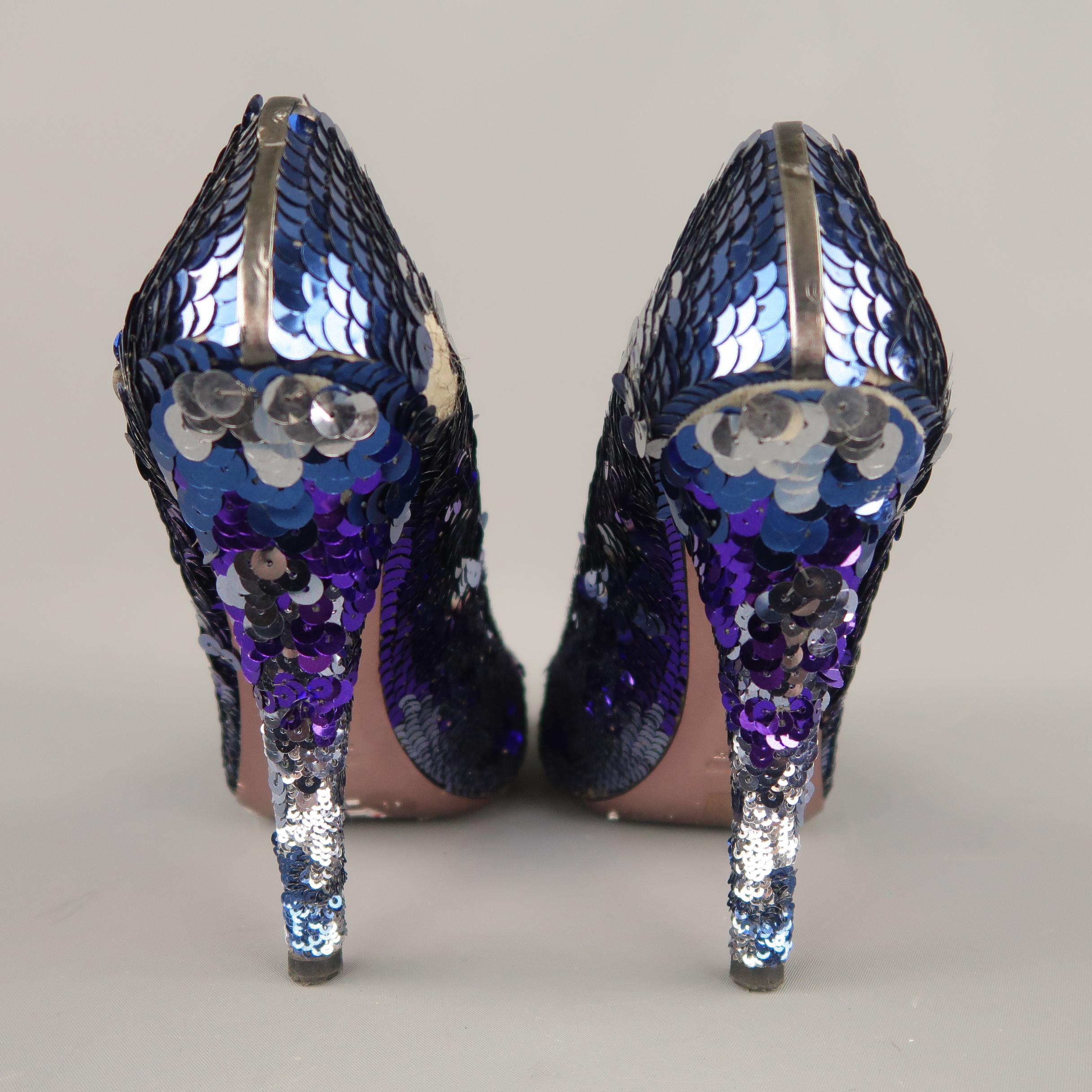 MIU MIU Size 10 Navy & Silver Purple Sequin Pumps In Good Condition In San Francisco, CA