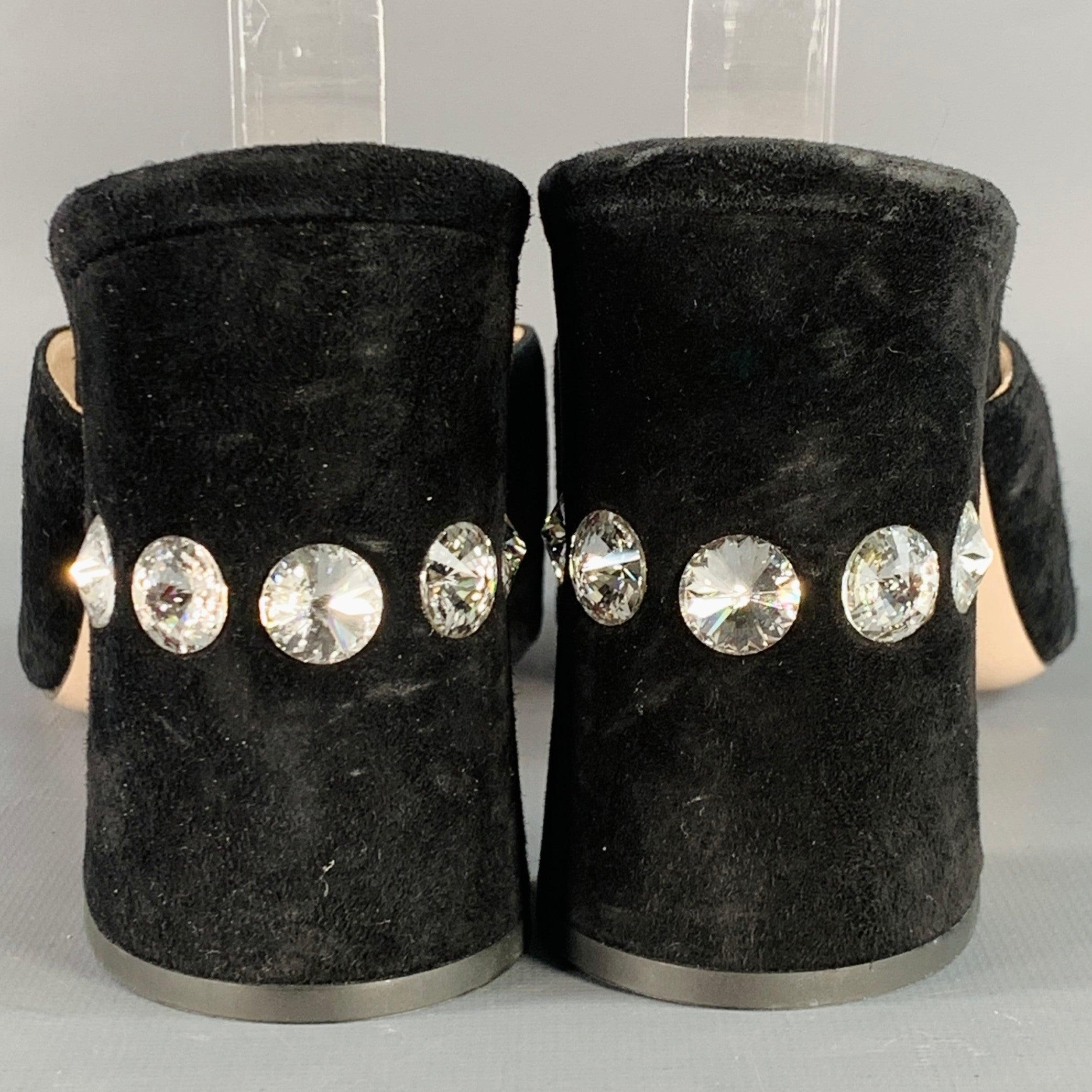 MIU MIU Size 11 Black Suede Rhinestone Peep Toe Sandals In Good Condition For Sale In San Francisco, CA