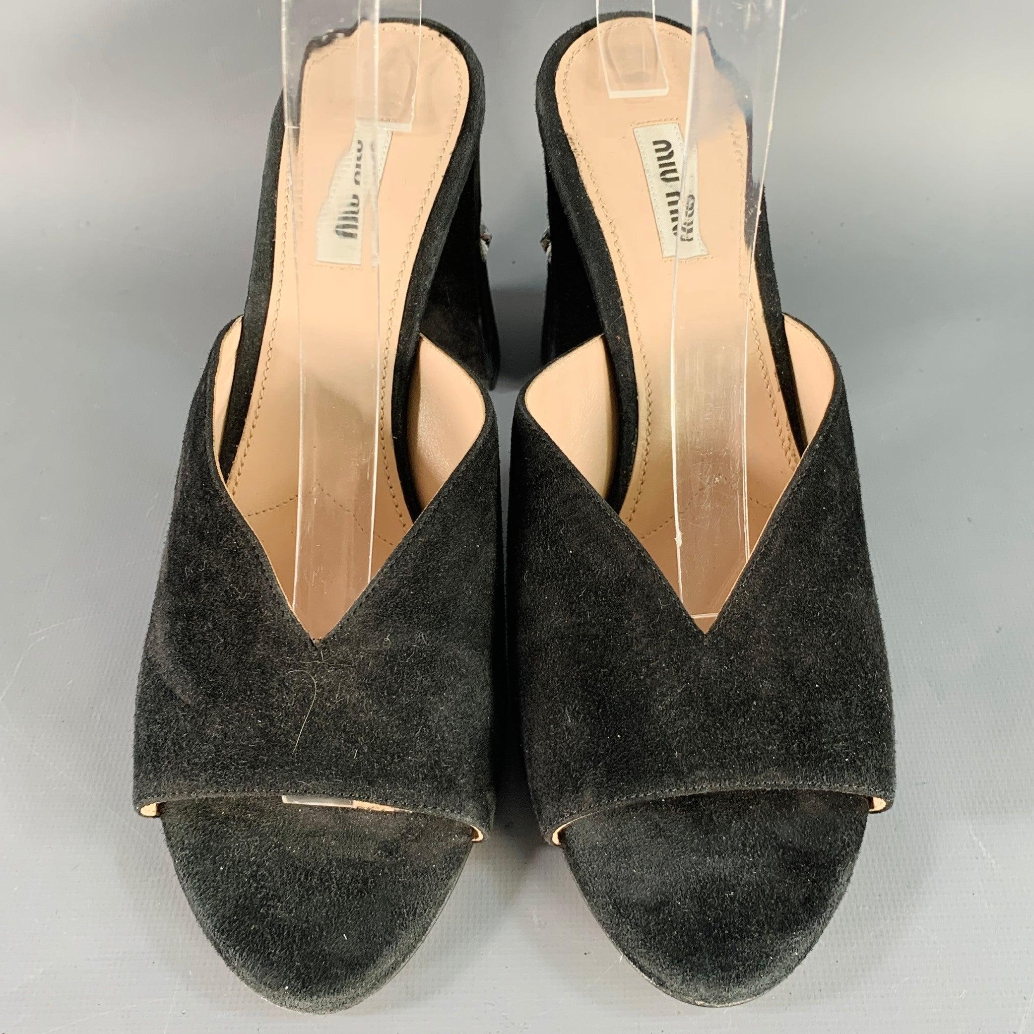 Women's MIU MIU Size 11 Black Suede Rhinestone Peep Toe Sandals For Sale