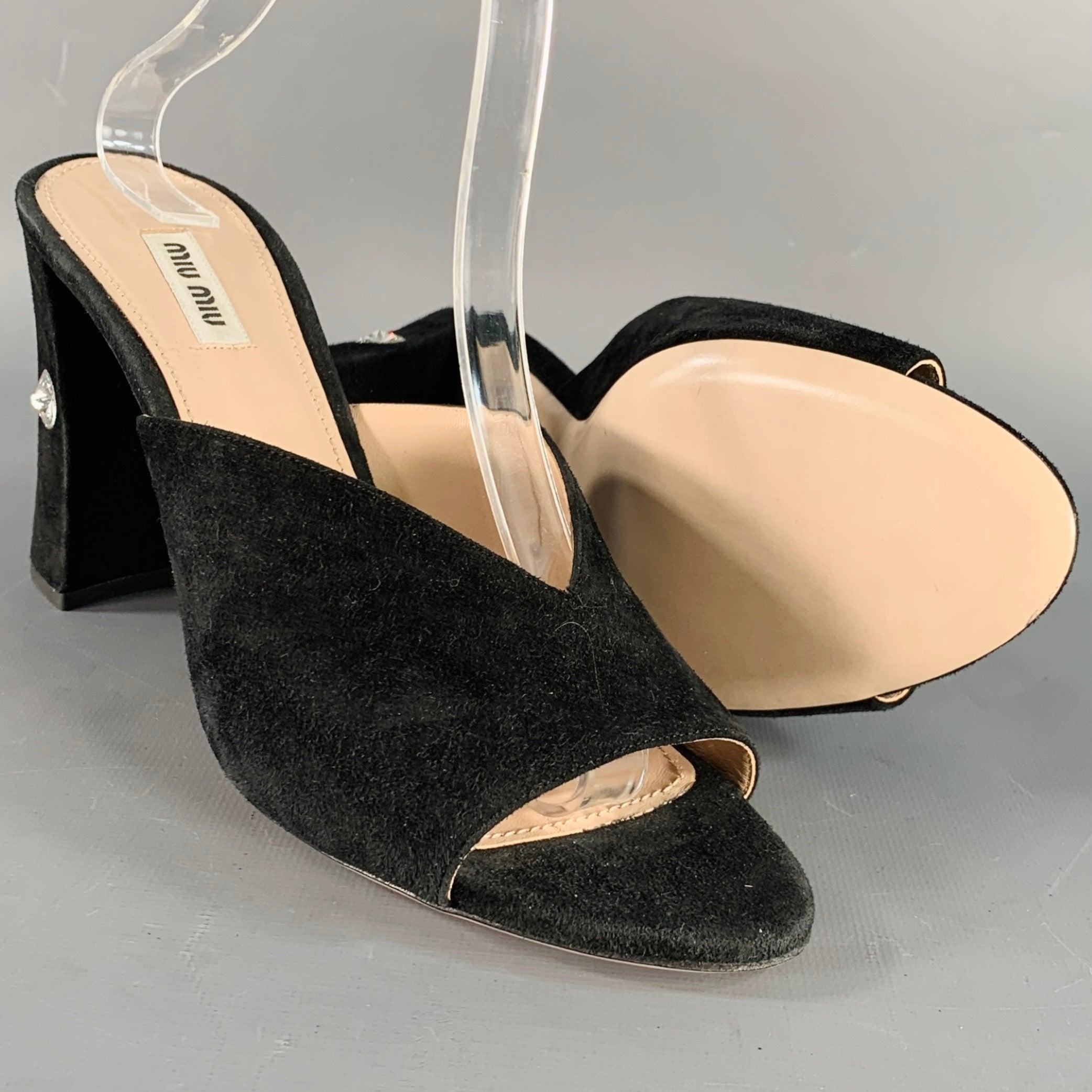 MIU MIU Size 11 Black Suede Rhinestone Peep Toe Sandals For Sale 1