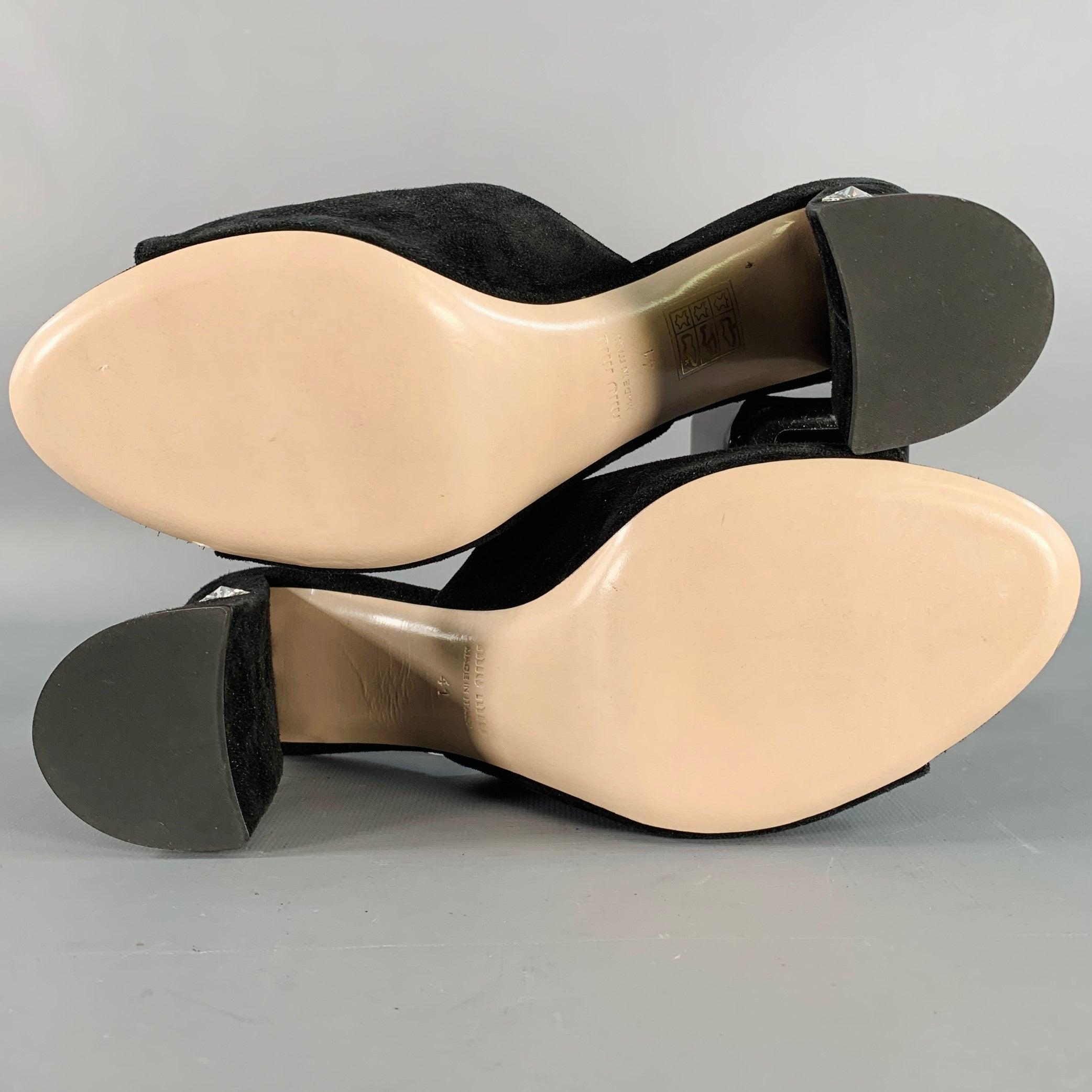 MIU MIU Size 11 Black Suede Rhinestone Peep Toe Sandals For Sale 2