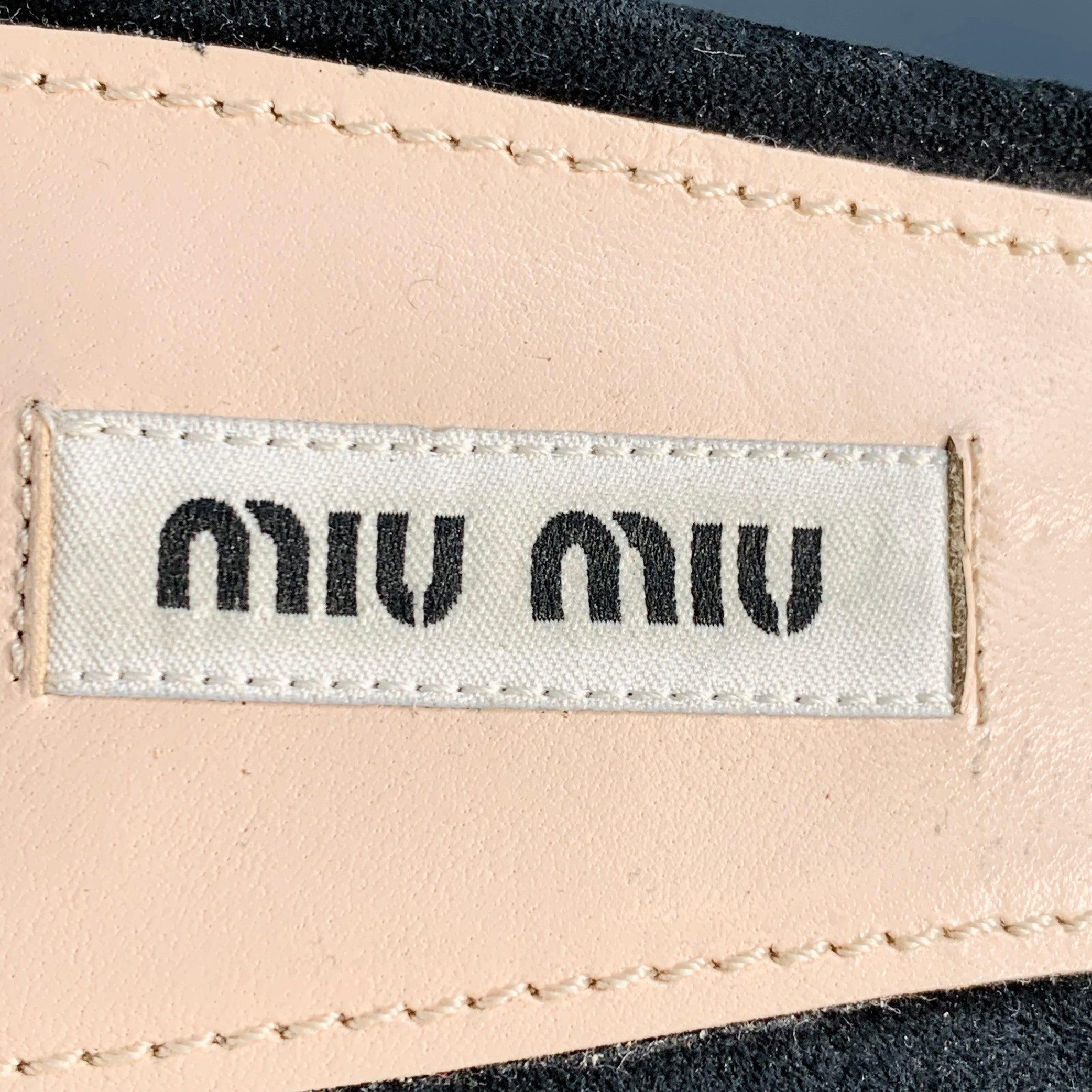 MIU MIU Size 11 Black Suede Rhinestone Peep Toe Sandals For Sale 3