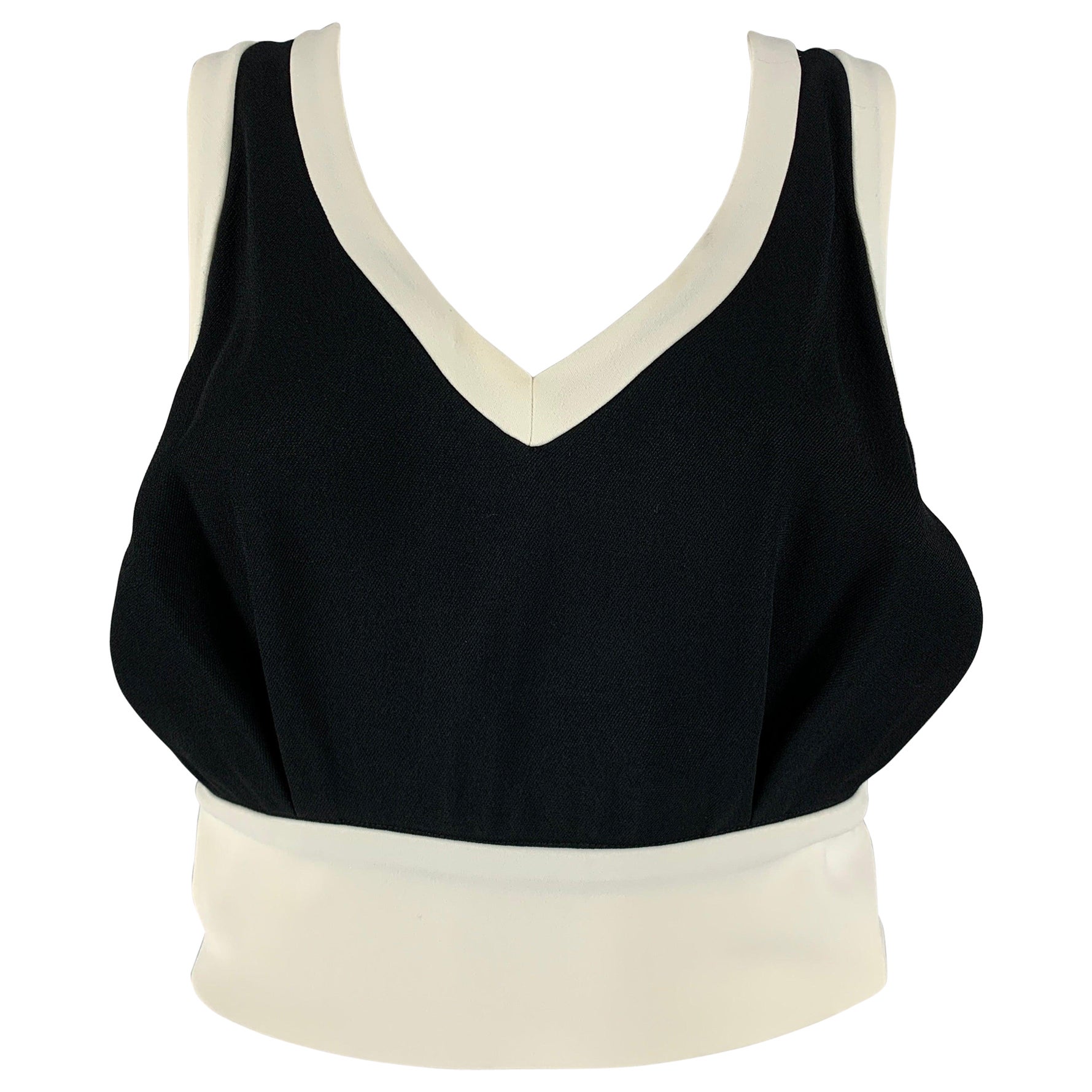 MIU MIU Größe 2 Schwarz Creme Viskose Kontrastbesatz V-Ausschnitt Casual Top im Angebot