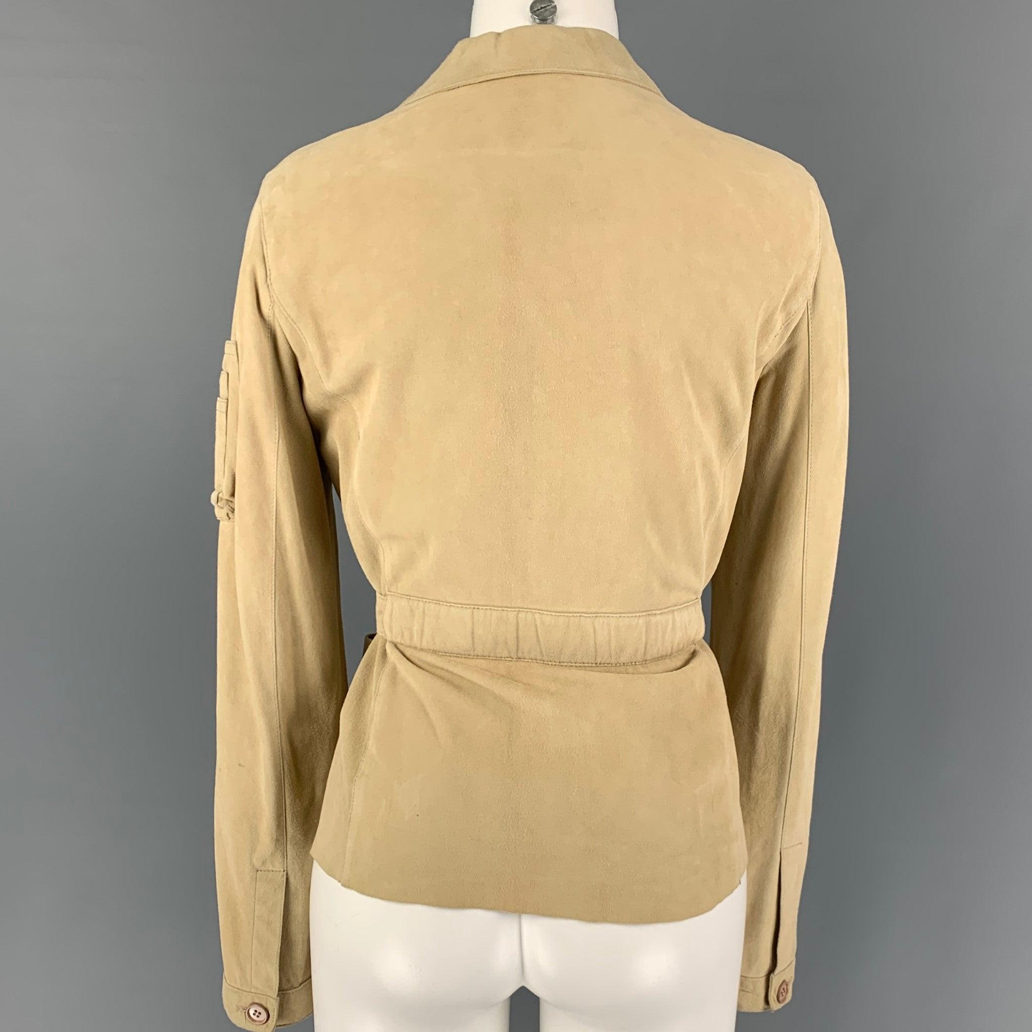 MIU MIU Size 4 Beige Suede Belted Jacket In Good Condition For Sale In San Francisco, CA