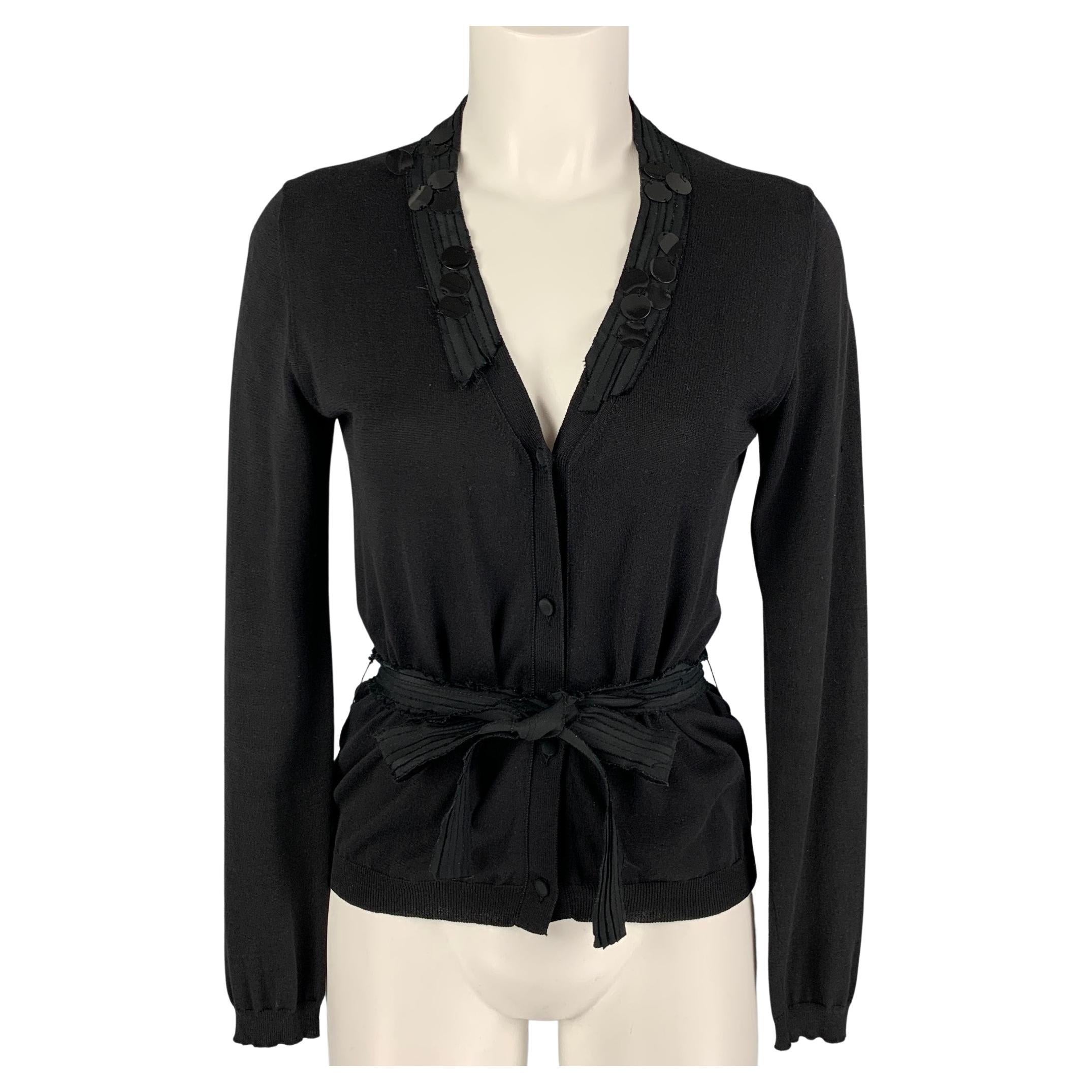 MIU MIU Size 4 Black Cotton Payette Sequin Belted Cardigan