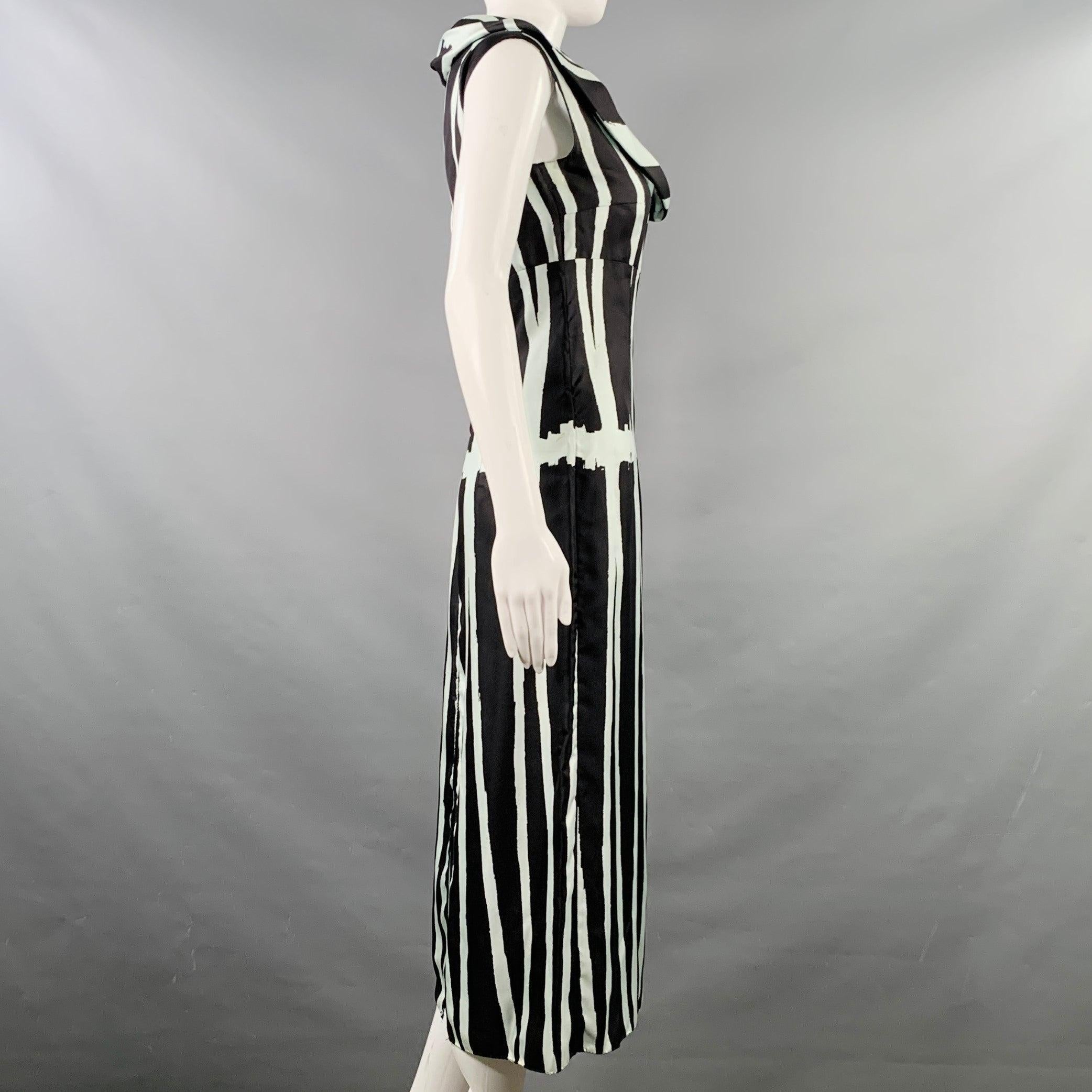 MIU MIU dress
in a black and light blue silk featuring a stripe pattern, cowl neck, and invisible side zipper.
Made in Italy.Good Pre-Owned Condition. Signs of wear under arms, minor mark on side.
As is. 

Marked:   IT 40 

Measurements: 
