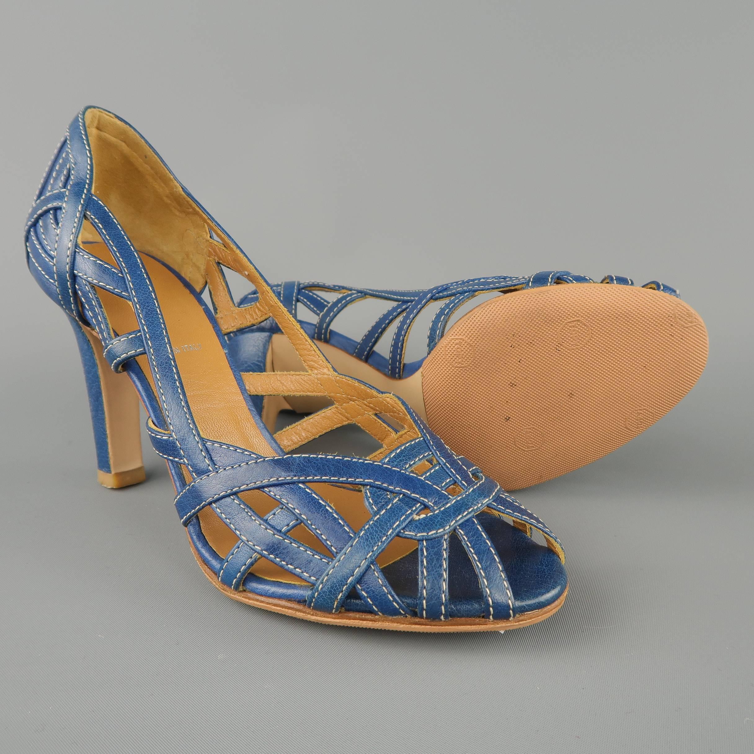 MIU MIU Size 5 Blue Woven Cutout Leather Peep Toe Pumps In Excellent Condition In San Francisco, CA