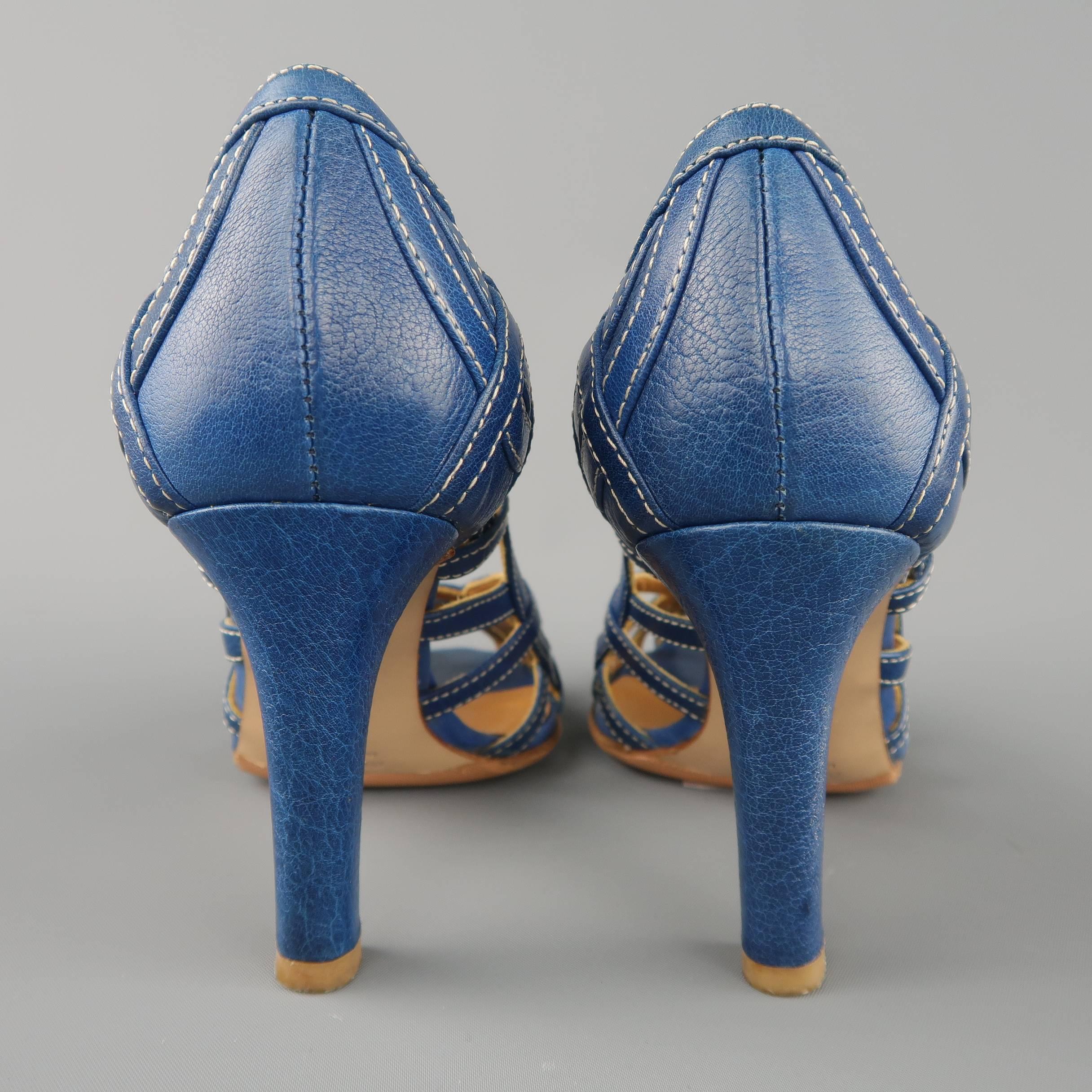 Women's MIU MIU Size 5 Blue Woven Cutout Leather Peep Toe Pumps