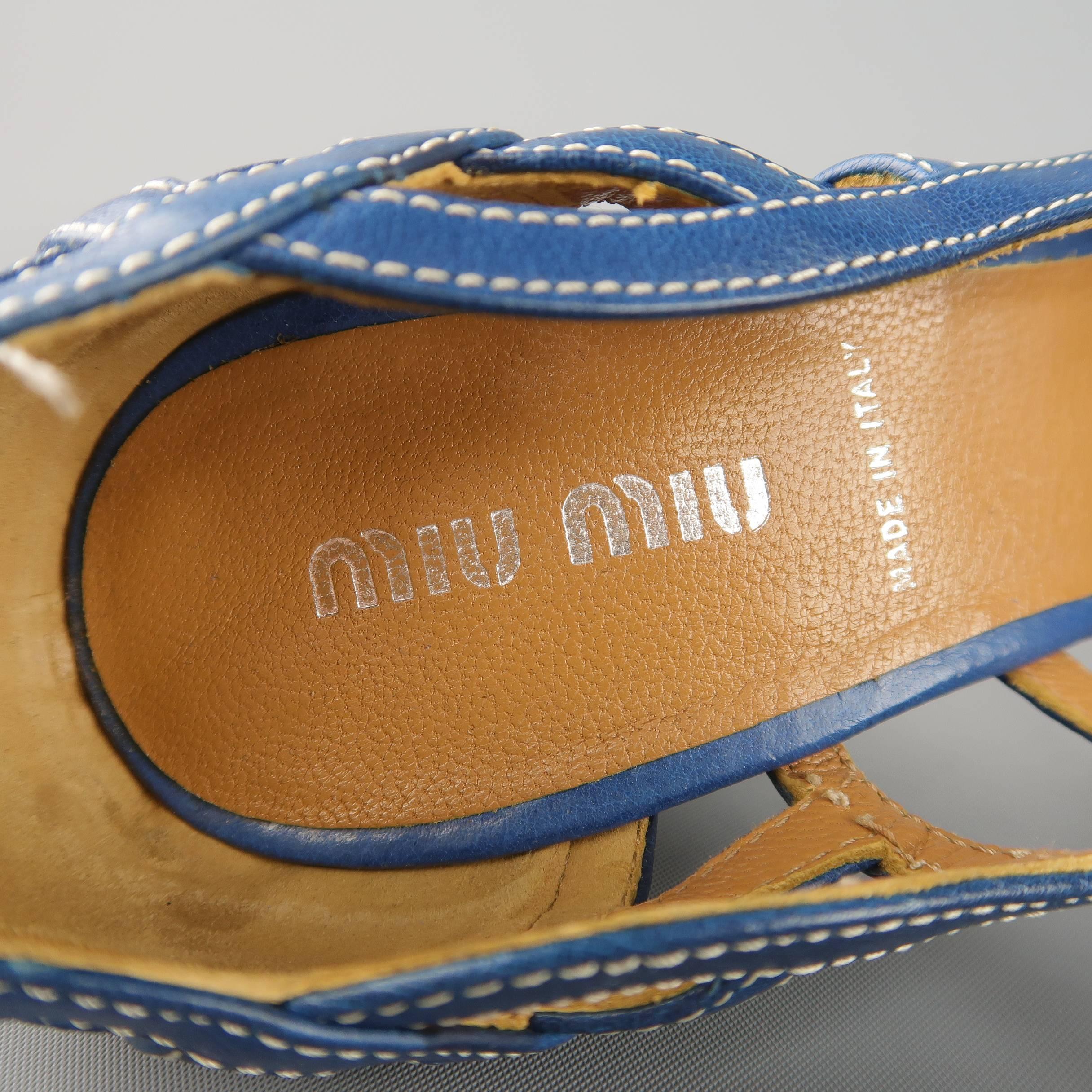 MIU MIU Size 5 Blue Woven Cutout Leather Peep Toe Pumps 2