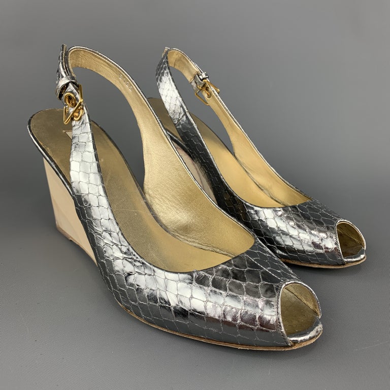 MIU MIU Size 7 Silver Snake Skin Peep Toe Slingback Wedge Sandals at ...