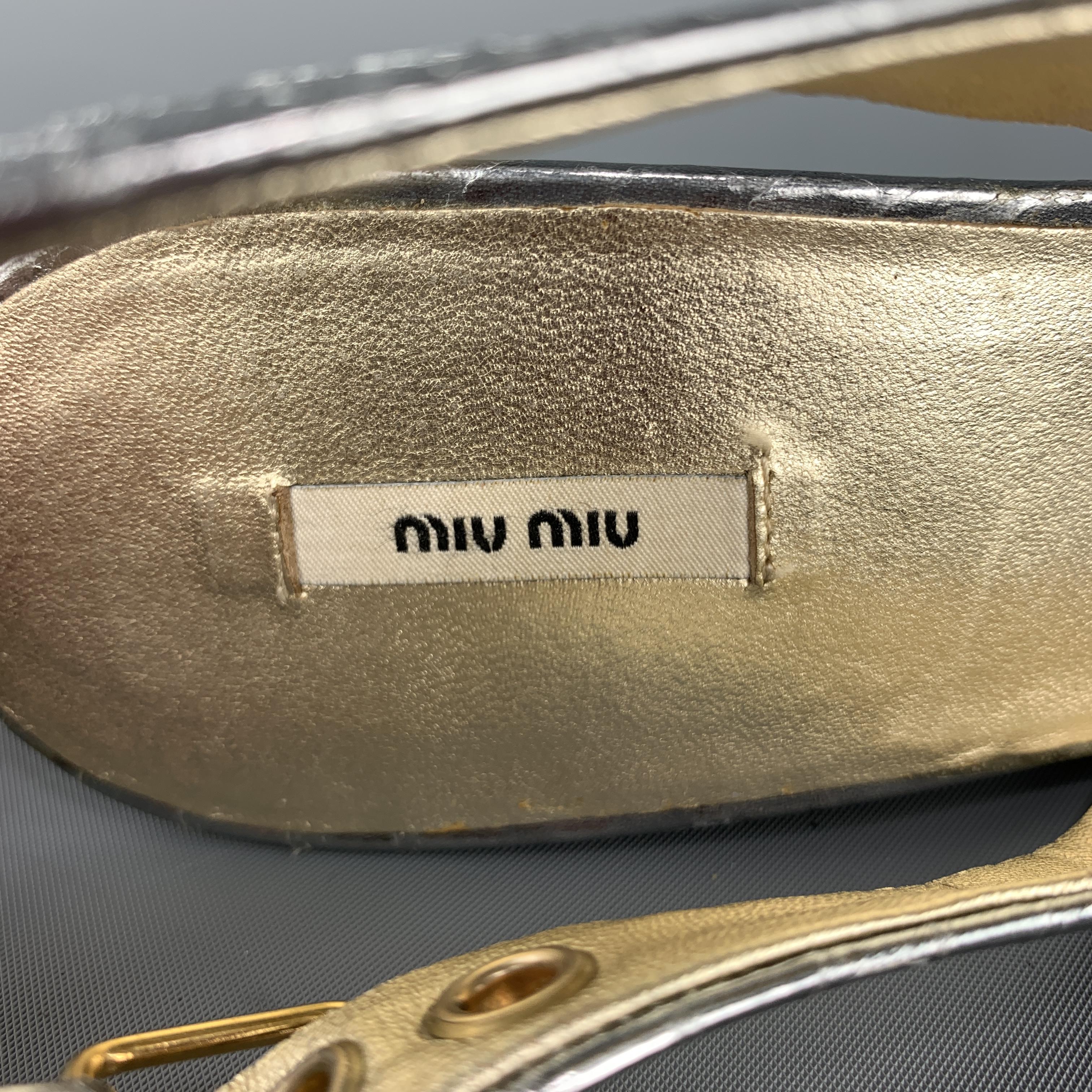 Beige MIU MIU Size 7 Silver Snake Skin Peep Toe Slingback Wedge Sandals