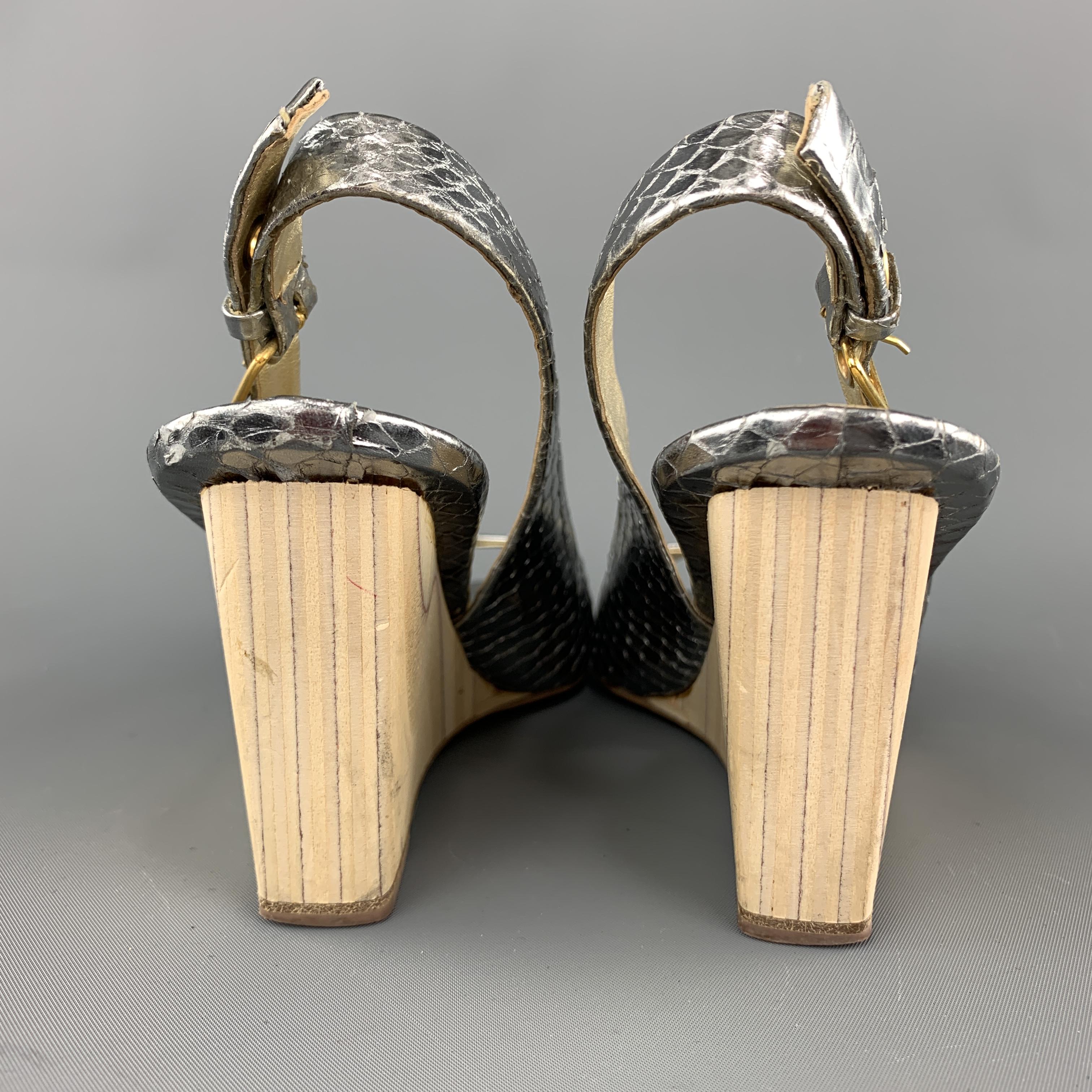 MIU MIU Size 7 Silver Snake Skin Peep Toe Slingback Wedge Sandals In Good Condition In San Francisco, CA