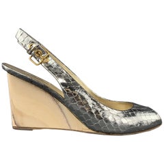 MIU MIU Size 7 Silver Snake Skin Peep Toe Slingback Wedge Sandals