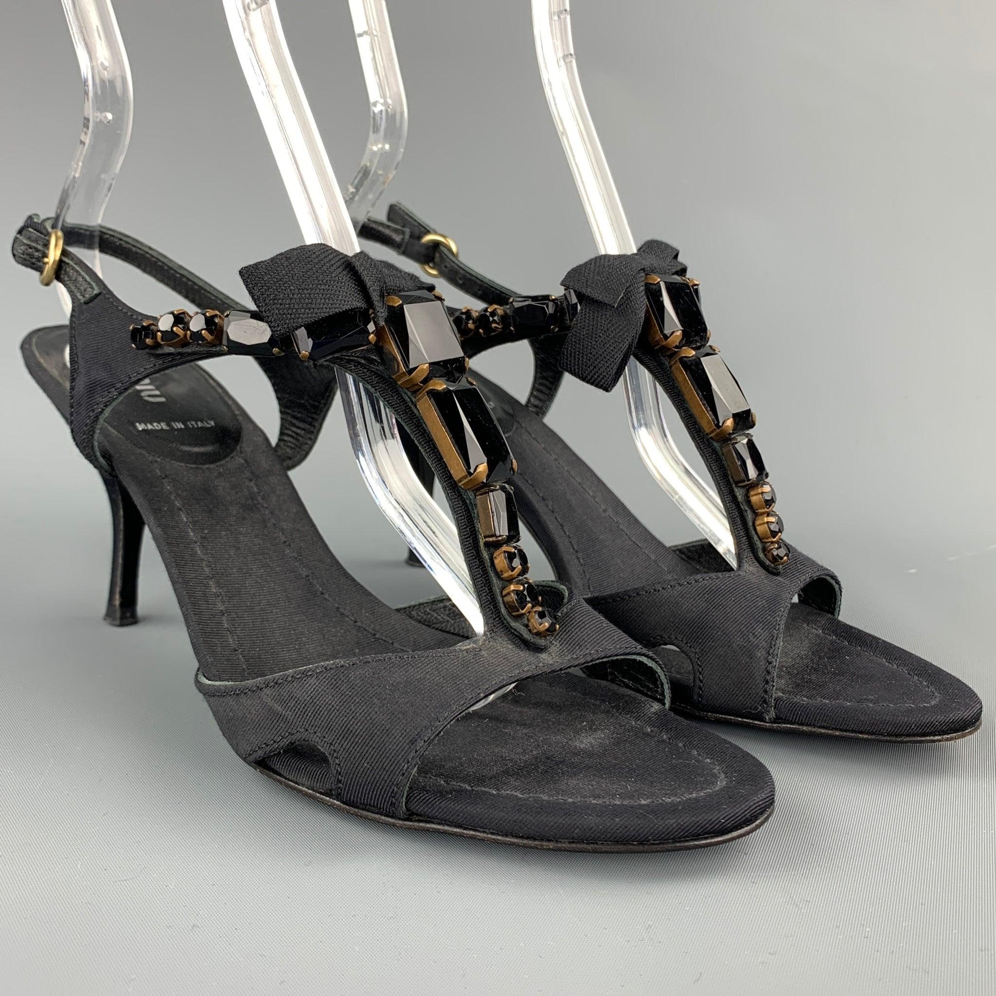 MIU MIU Size 7.5 Black Rhinestone Strappy Sandals In Good Condition For Sale In San Francisco, CA