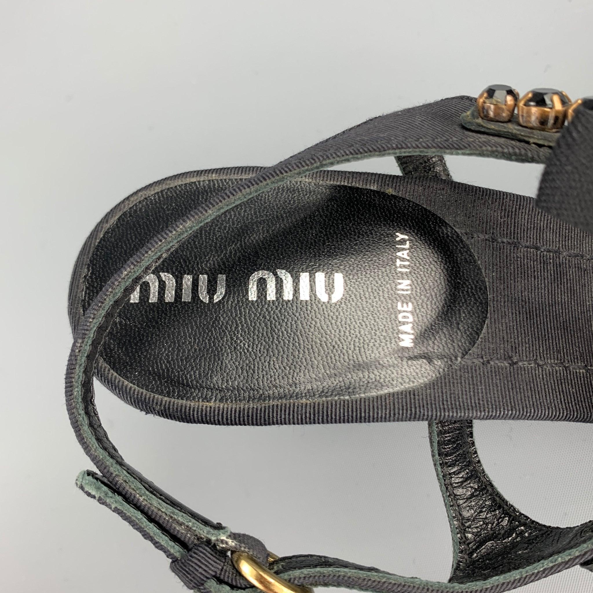MIU MIU Size 7.5 Black Rhinestone Strappy Sandals For Sale 2
