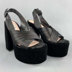 MIU MIU Size 8 Black Satin Chunky Heel Platform Sandals